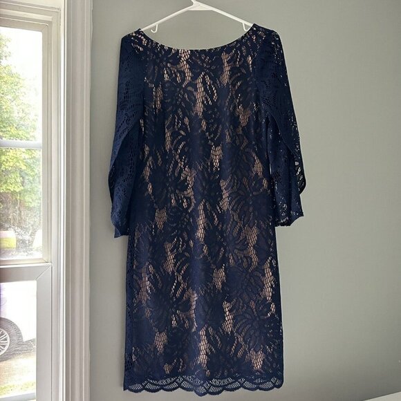 Lilly Pulitzer Dress Navy Blue Lace Sheath Women's Dress 3/4 Open Sleeve Small - Picture 1 of 10